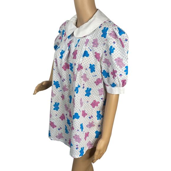 Vtg White Blue Pink Teddy Bear Collared Babydoll Puff Sleeve Tunic Top SZ 14 - Picture 5 of 10